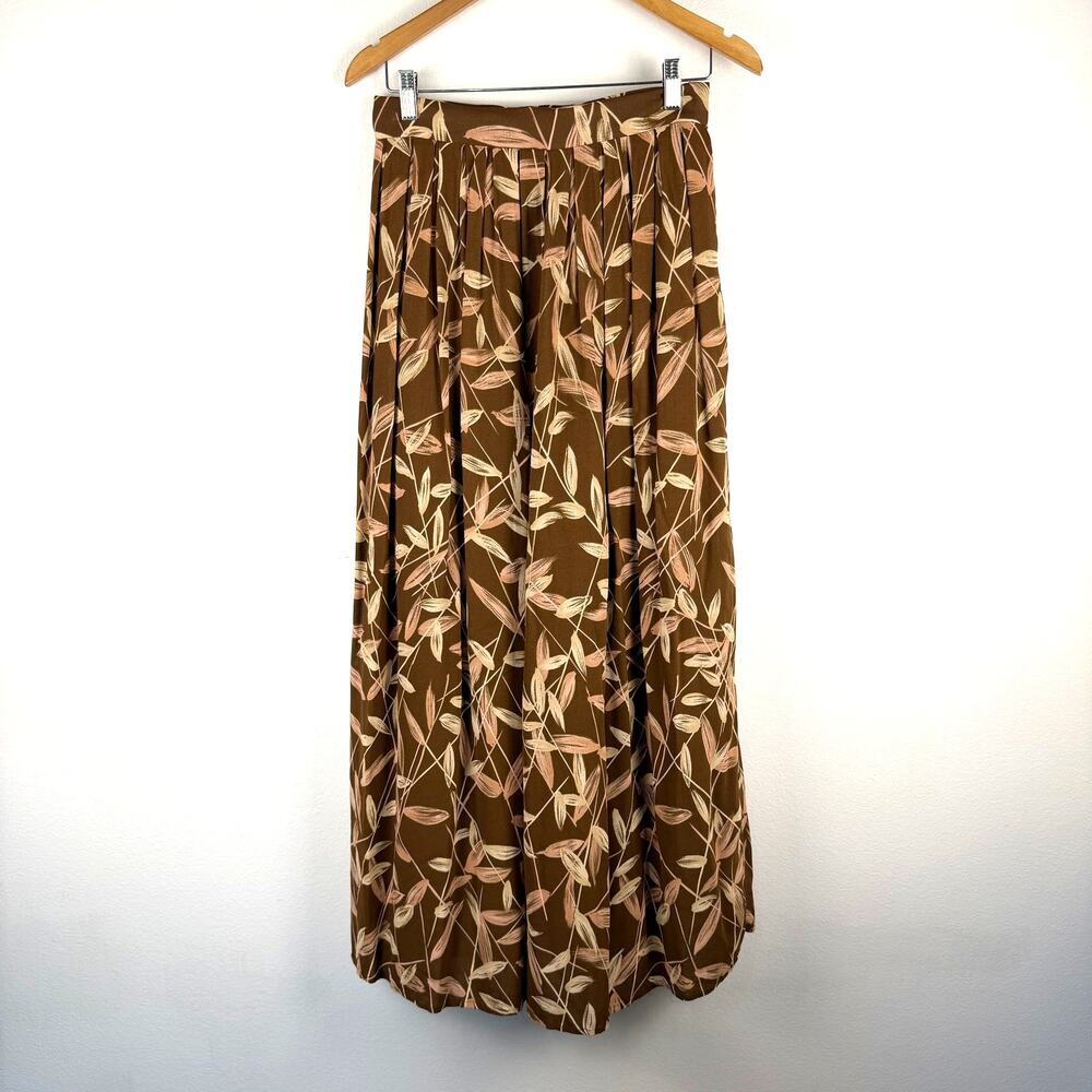 Vintage Rena Rowan Brown Pleated Leaf Print Maxi Skirt Womens 6 Rayon Fall Flowy